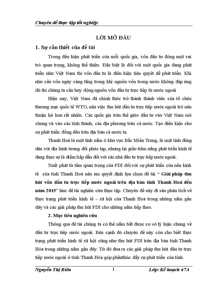 Giải pháp thu hút vốn đầu tư trực tiếp nước ngoài trên địa bàn tỉnh Thanh Hoá đến năm 2015