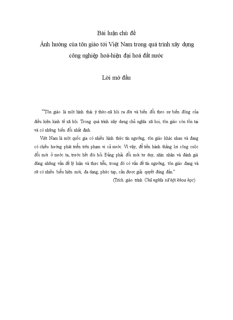 Ảnh hưởng của tôn giáo tới Việt Nam trong quá trình xây dựng công nghiệp hoá hiện đại hoá đất nước