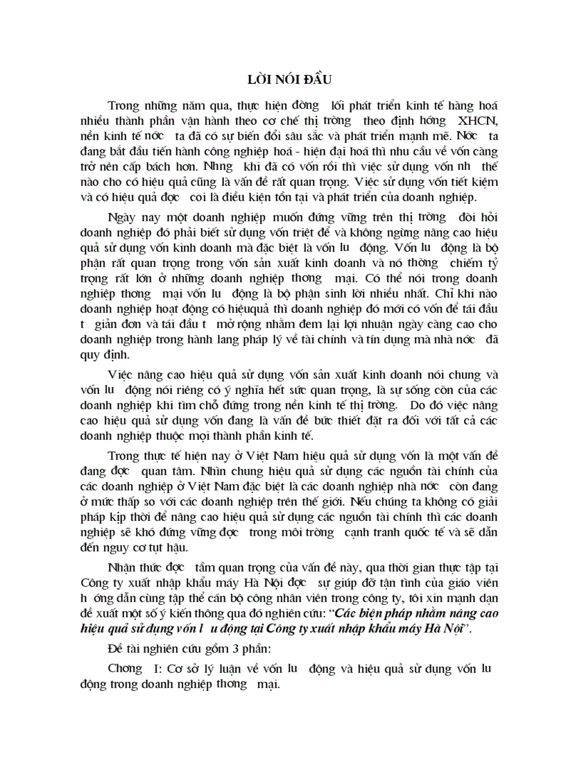 Các biện pháp nhằm nâng cao hiệu quả sử dụng vốn lưu động tại Công ty xuất nhập khẩu máy Hà Nội