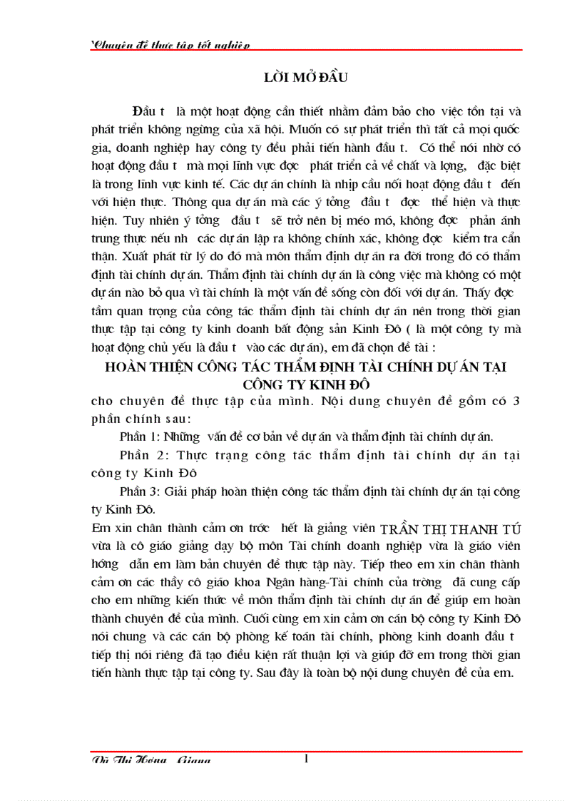 Hoàn thiện công tác thẩm định tài chính dự án tại công ty Kinh đô cho chuyên đề thực tập của mình