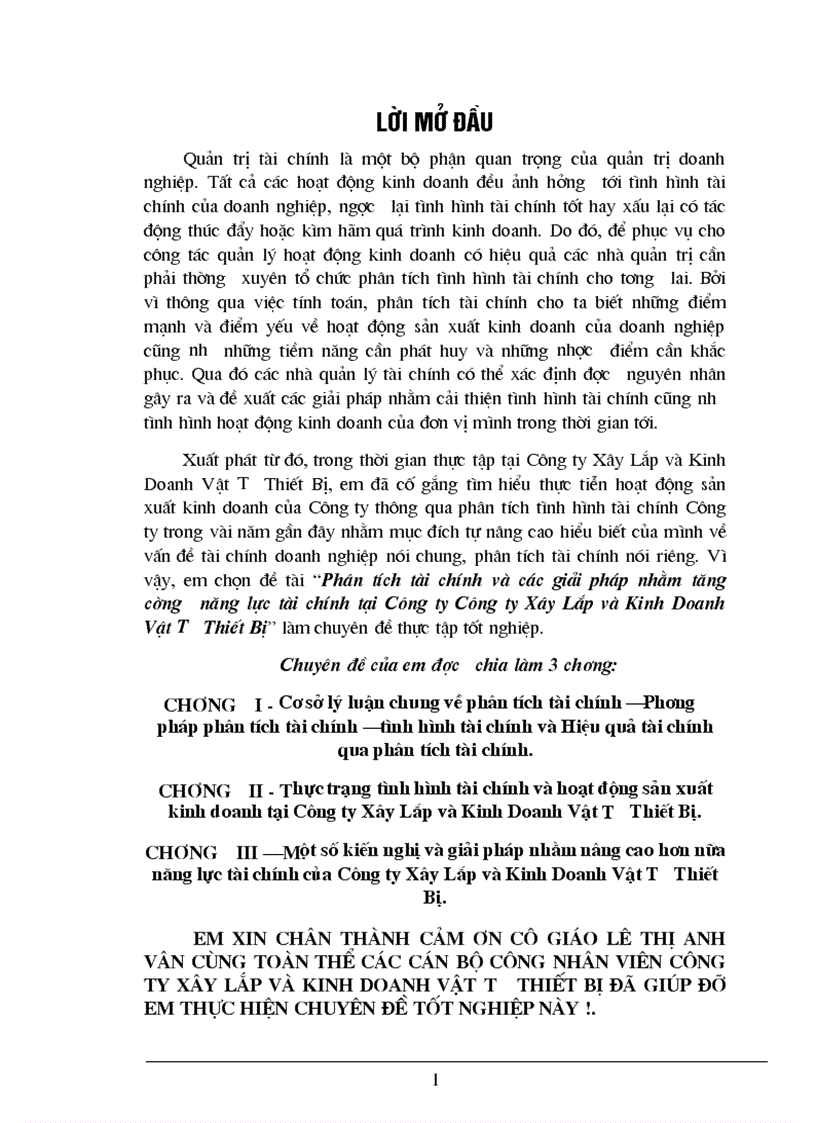 Phân tích tài chính và các giải pháp nhằm tăng cường năng lực tài chính tại Công ty Công ty Xây Lắp và Kinh Doanh Vật Tư Thiết Bị