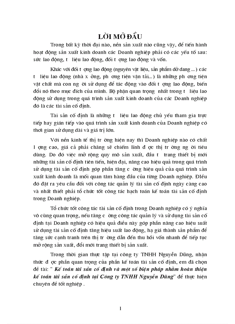 Kế toán tài sản cố định và một số biện pháp nhằm hoàn thiện kế toán tài sản cố định tại Công ty TNHH Nguyễn Dũng 1