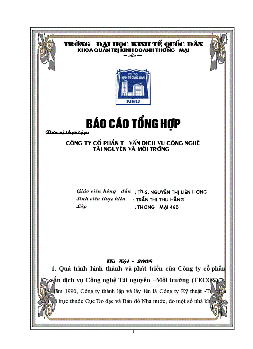 Báo cáo thực tập tại Công ty cổ phần Tư vấn dịch vụ Công nghệ Tài nguyên Môi trường TECOS