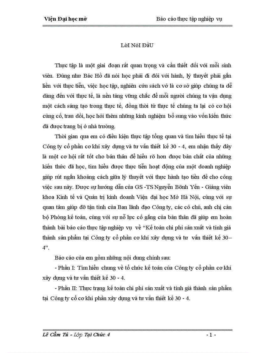 Kế toán chi phí sản xuất và tính giá thành sản phẩm tại Công ty cổ phần cơ khí xây dựng và tư vấn thiết kế 30 4 1