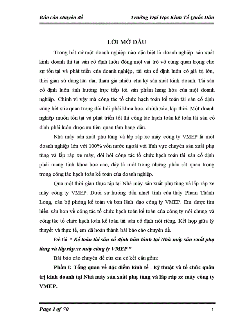 Kế toán tài sản cố định hữu hình tại Nhà máy sản xuất phụ tùng và lăp ráp xe máy công ty VMEP 1