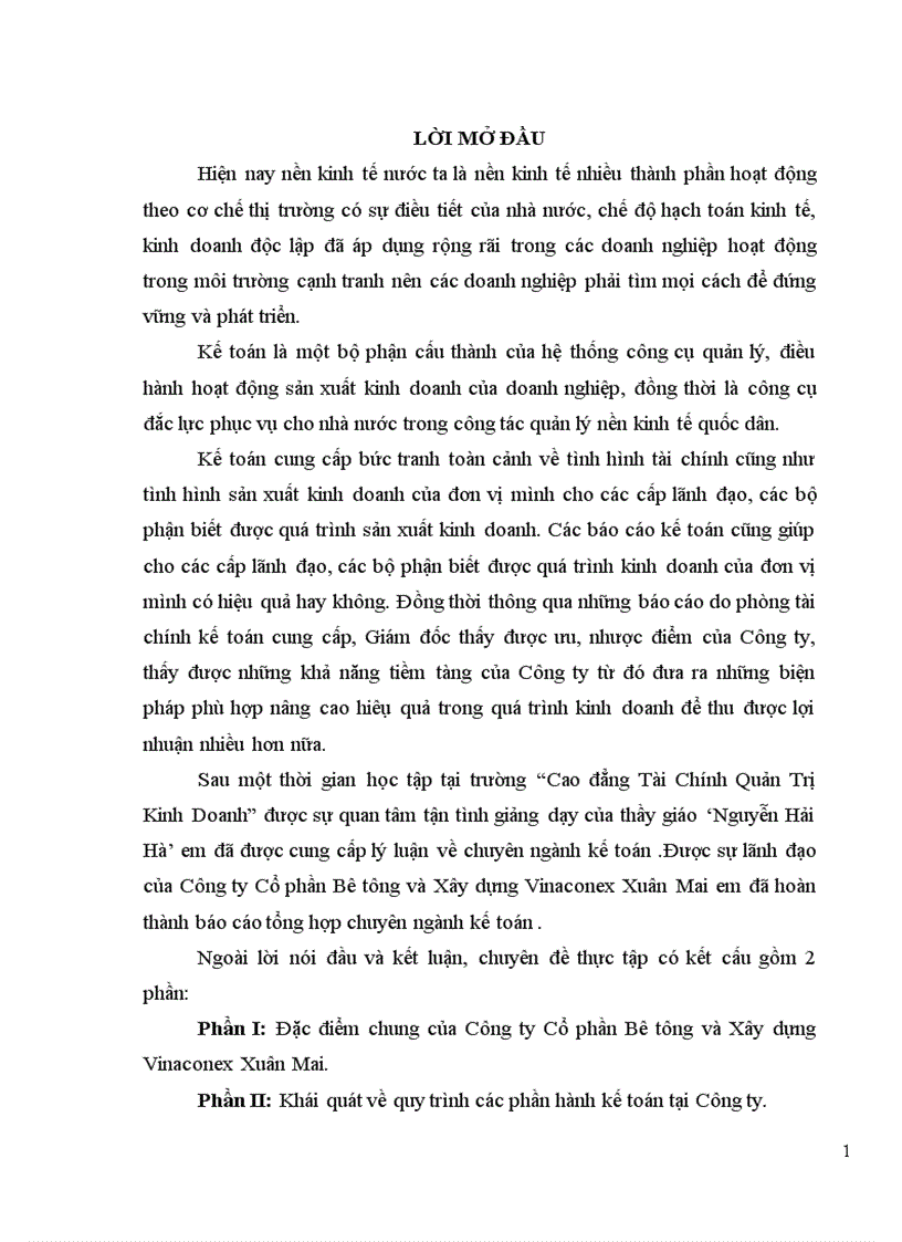 Báo cáo khái quát về sự hình thành phát triển và quy trình kế toán vốn bằng tiền vật liệu công cụ dụng cụ tài sản cố định tiền lương tại công ty cổ phần bê tông và xây dựng vinaconex xuân mai