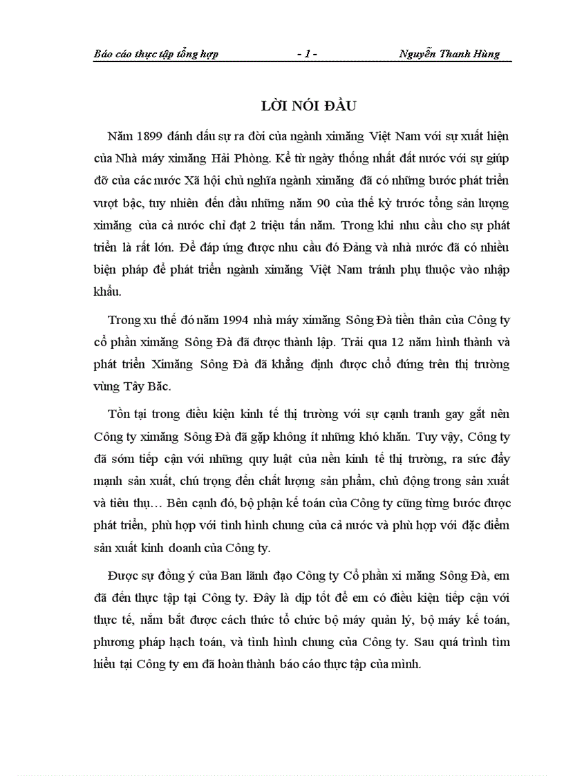Báo cáo thực tập tổng hợp tại Công ty Cổ phần xi măng Sông Đà