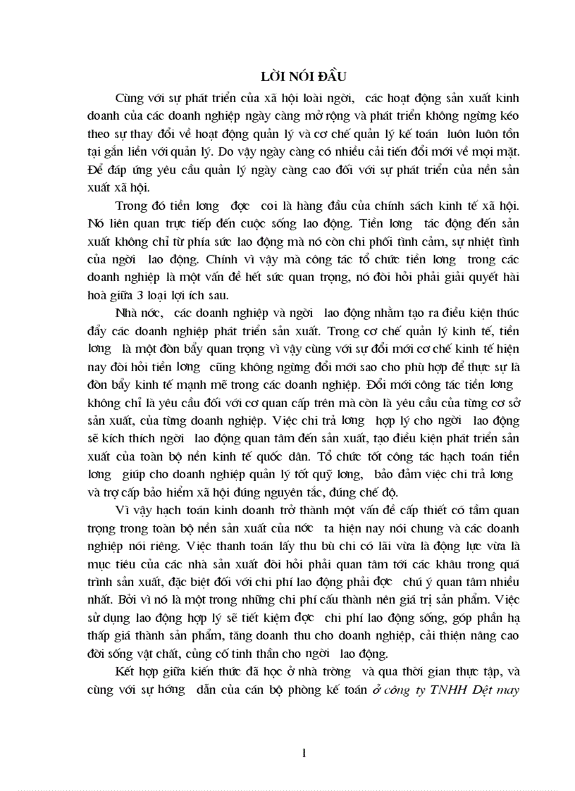 Một số ý kiến và kiến nghị nhằm hoàn thiện công tác kế toán tiền lương và các khoản trích theo lương tại Công ty TNHH dệt may Thái Sơn Hà Nội 1