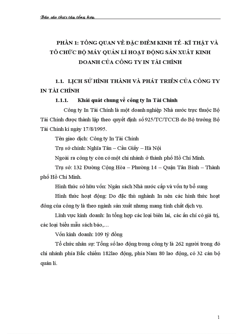 Báo cáo tổng hợp về Công ty In tài chính 1