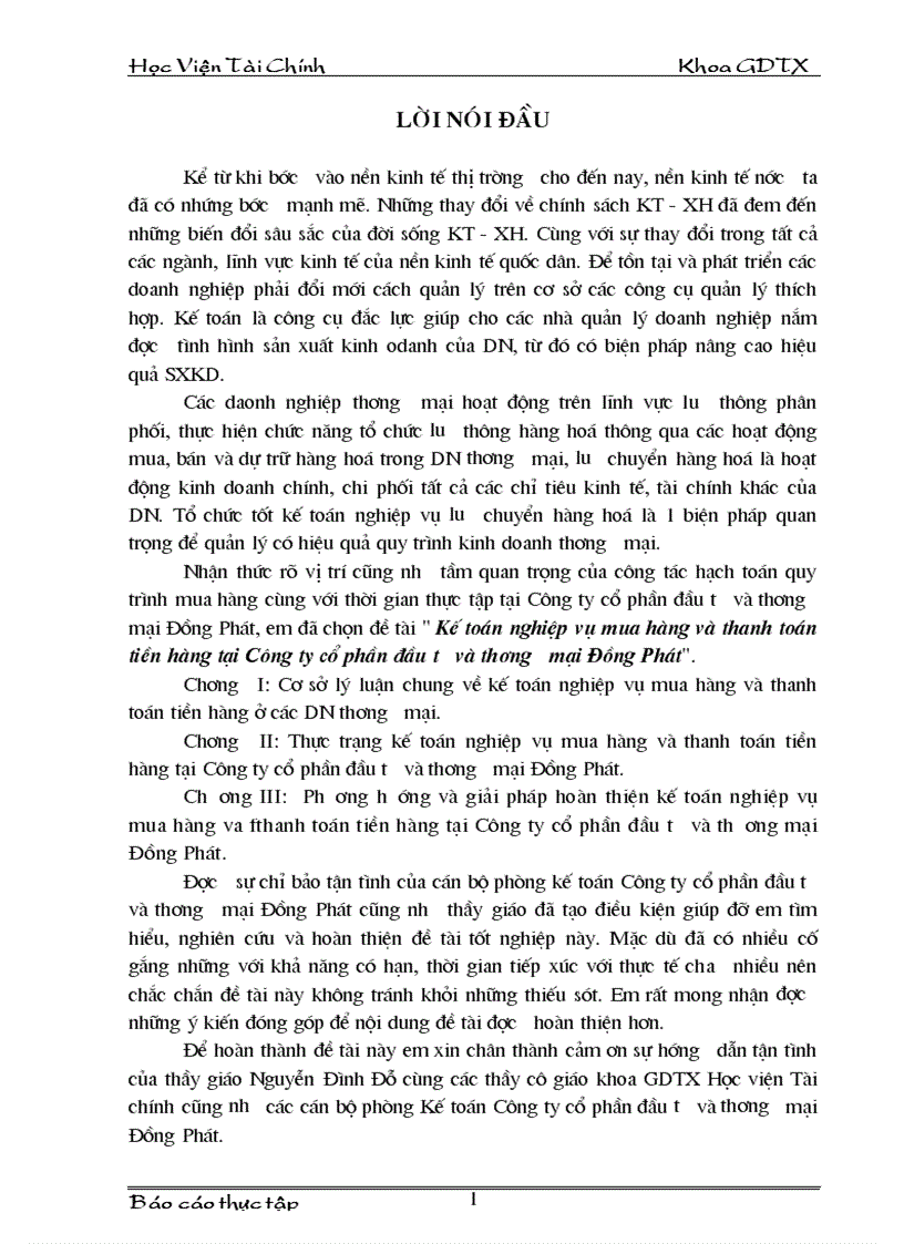 Kế toán nghiệp vụ mua hàng và thanh toán tiền hàng tại Công ty cổ phần đầu tư và thương mại Đồng Phát 1
