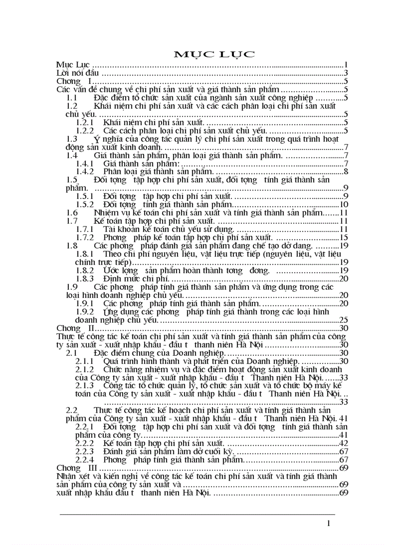 Thực tế công tác kế hoạch chi phí sản xuất và tính giá thành sản phẩm của Công ty sản xuất xuất nhập khẩu đầu tư Thanh niên Hà Nội