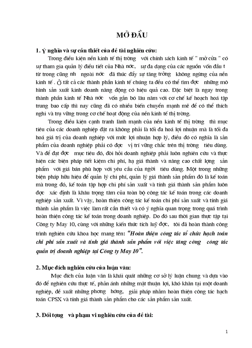 Thực trạng công tác kế toán tập hợp chi phí sản xuất và tính giá thành sản phẩm tại công ty May 10
