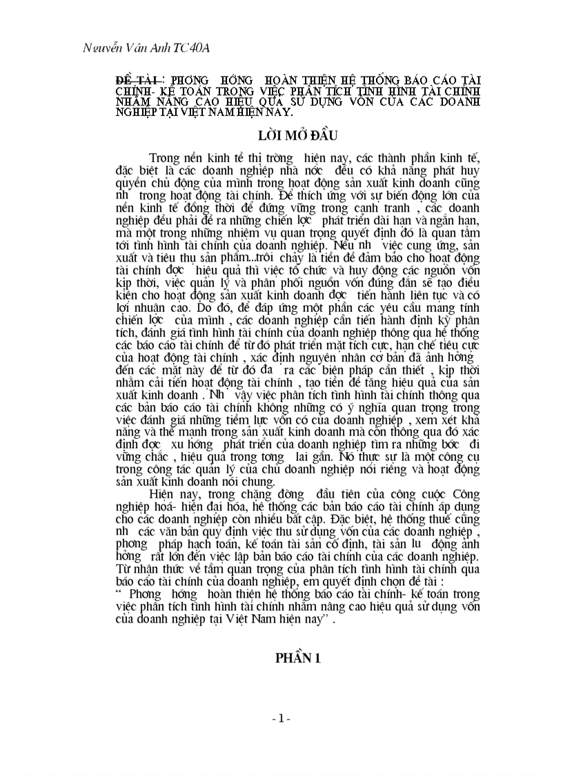 Phương hướng hoàn thiện hệ thống báo cáo tài chính kế toán trong việc phân tích tình hình tài chính nhằm nâng cao hiệu quả sử dụng vốn của các doanh nghiệp tại Việt Nam hiện nay