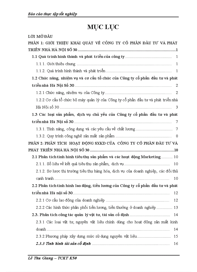 Báo cáo thực tập tại Công ty cổ phần đầu tư và phát triển nhà Hà Nội số 30