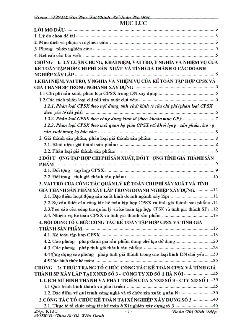 Tập hợp chi phí và tính giá thành sản phẩm tại xí nghiệp xây dựng số 3 Công ty xây dựng số 1 Hà Nội