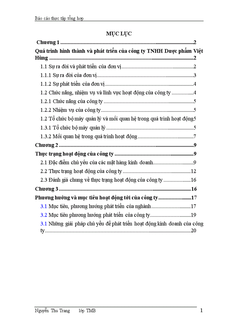 Báo cáo thực tập tại công ty TNHH Dược phẩm Việt Hùng 1