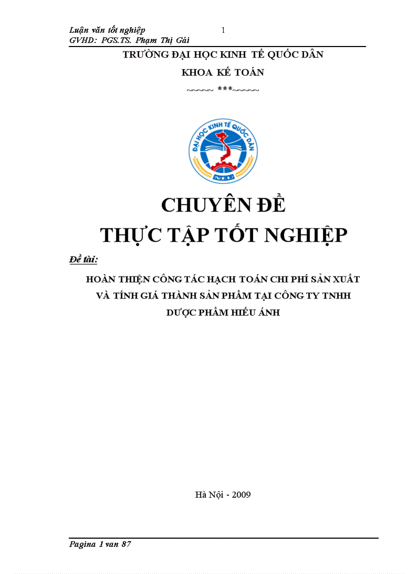 Hoàn thiện hạch toỏn chi phớ sản xuất và tớnh giỏ thành sản phẩm tại Cụng ty TNHH dược phẩm Hiếu Anh