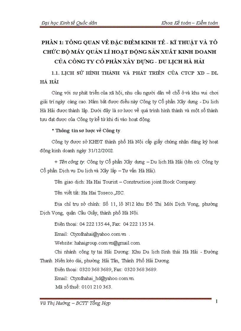 Tình hình tổ chức hạch toán kế toán tại công ty cổ phần xây dựng du lịch hà hải