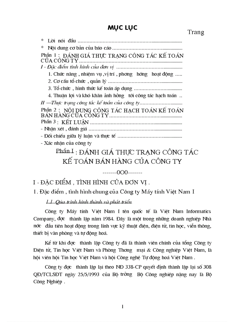 Thực trạng công tác kế toán của công ty máy tính Việt Nam I và nội dung công tác hạch toán kế toán bán hàng của công ty