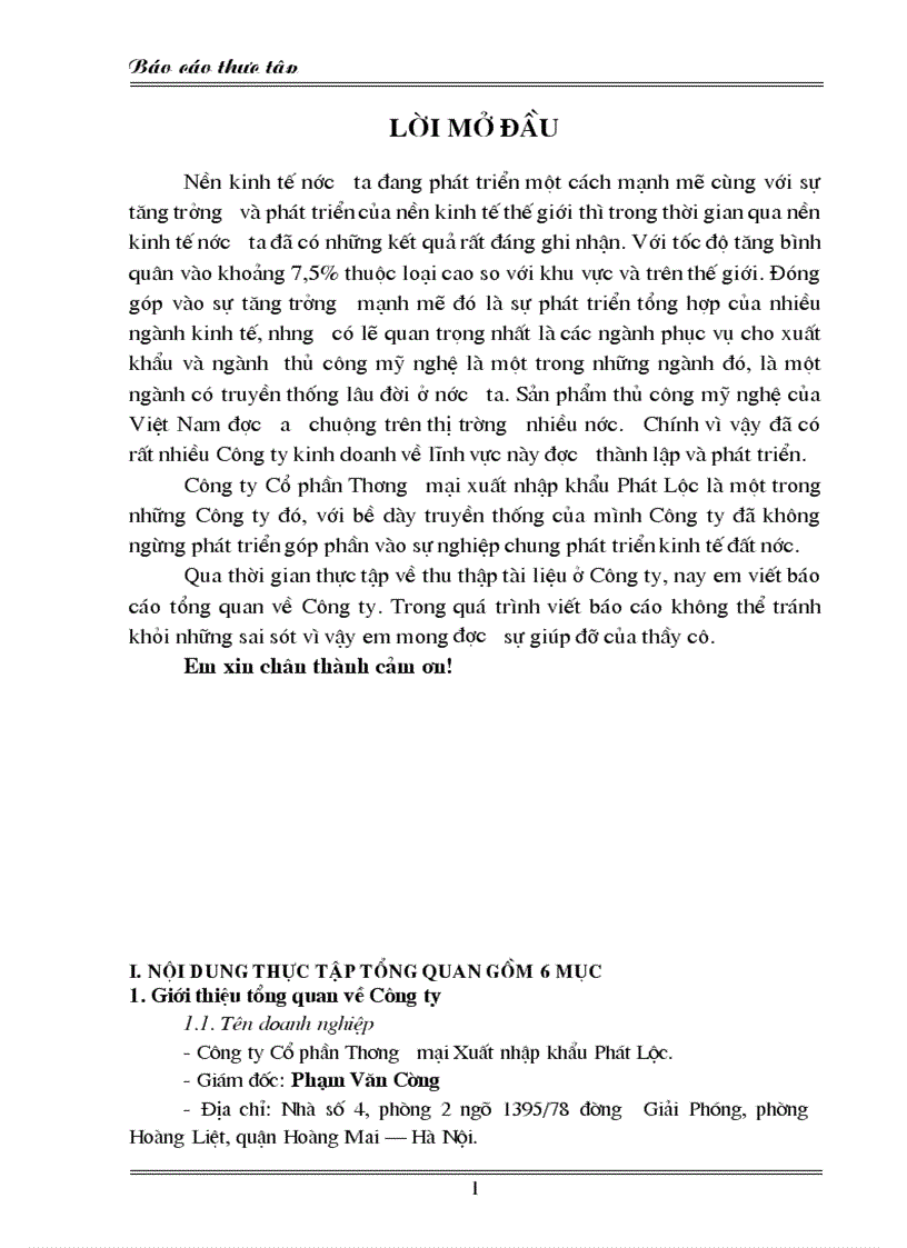 Báo cáo thực tập tại công ty Cổ phần Thương mại xuất nhập khẩu Phát Lộc