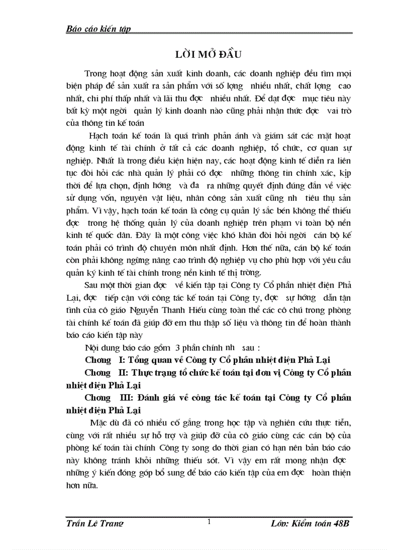 Công tác kế toán tại Công ty Cổ phần nhiệt điện Phả Lại
