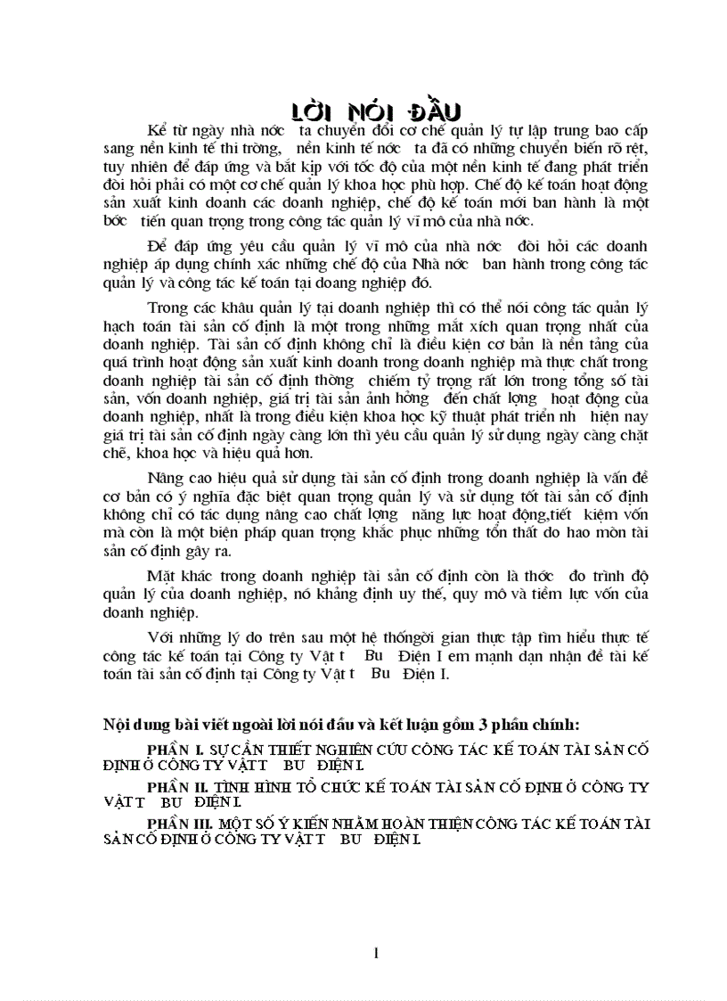 Một số ý kiến nhằm hoàn thiện công tác kế toán tài sản cố định ở Công ty Vật tư Bưu Điện I 1