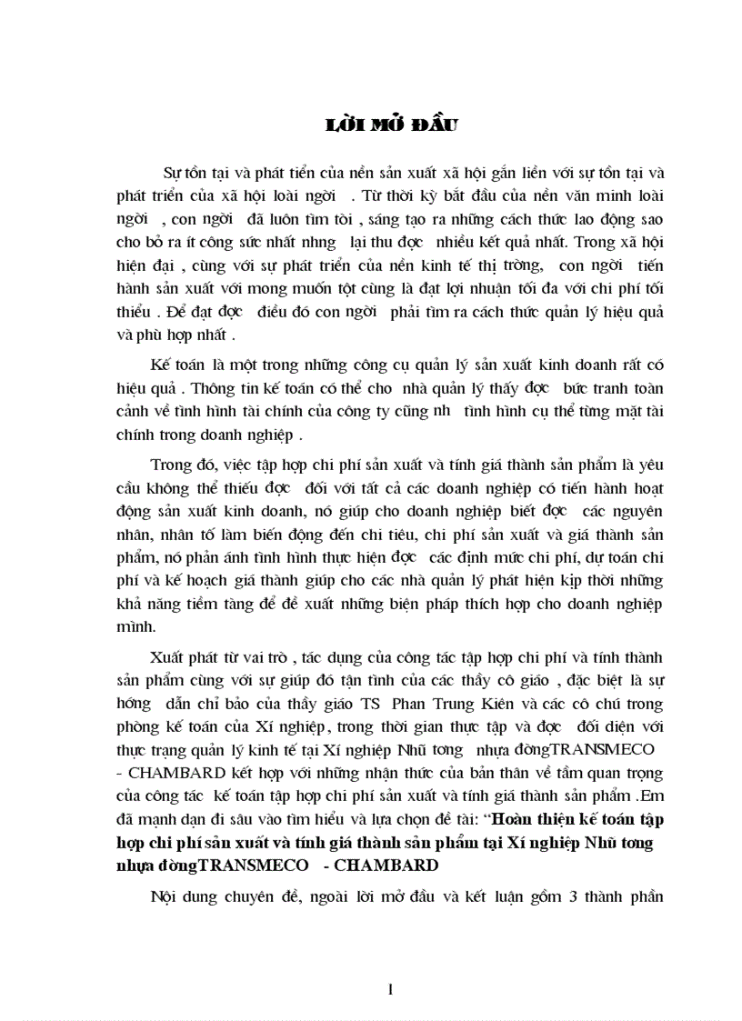Hoàn thiện kế toán tập hợp chi phí sản xuất và tính giá thành sản phẩm tại Xí nghiệp Nhũ tương nhựa đườngTRANSMECO CHAMBARD 1