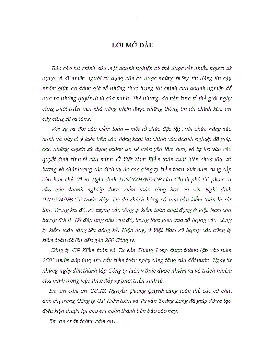 Báo cáo thực tập tại Công ty CP Kiểm toán và Tư vấn Thăng Long 1