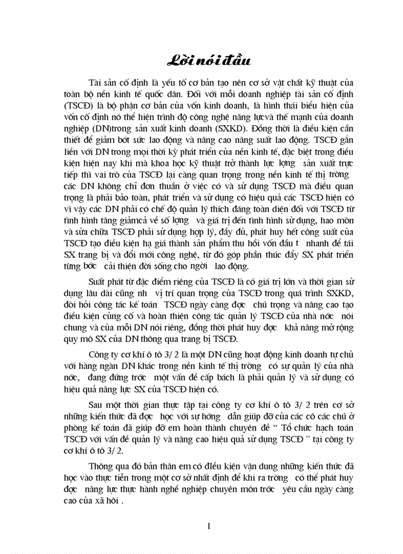 Tổ chức hạch toán TSCĐ với vấn đề quản lý và nâng cao hiệu quả sử dụng TSCĐ tại công ty cơ khí ô tô 3 2