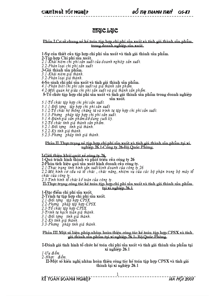 Một số biện pháp nhằm hoàn thiện công tác kế toán tập hợp CPSX và tính giá thành sản phẩm tại xí nghiệp 26 1 Bộ Quốc Phòng