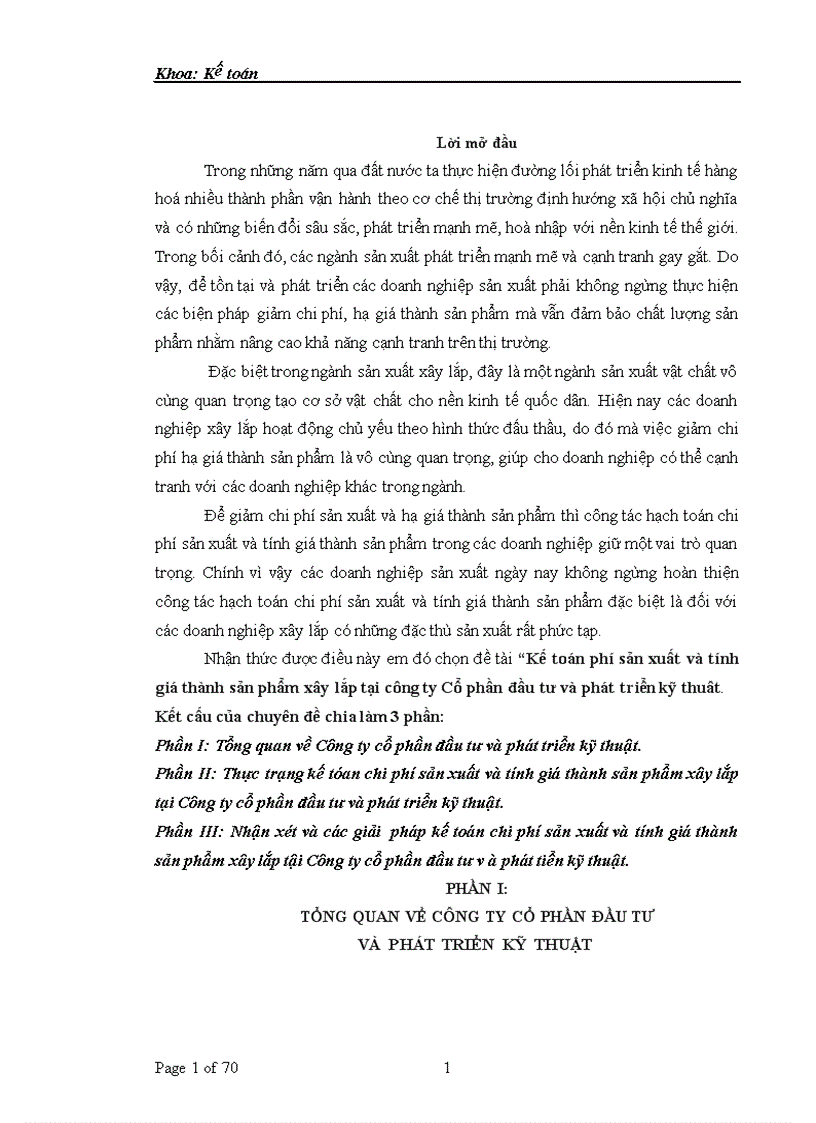 Kế toán phí sản xuất và tính giá thành sản phẩm xây lắp tại công ty Cổ phần đầu tư và phát triển kỹ thuât 1