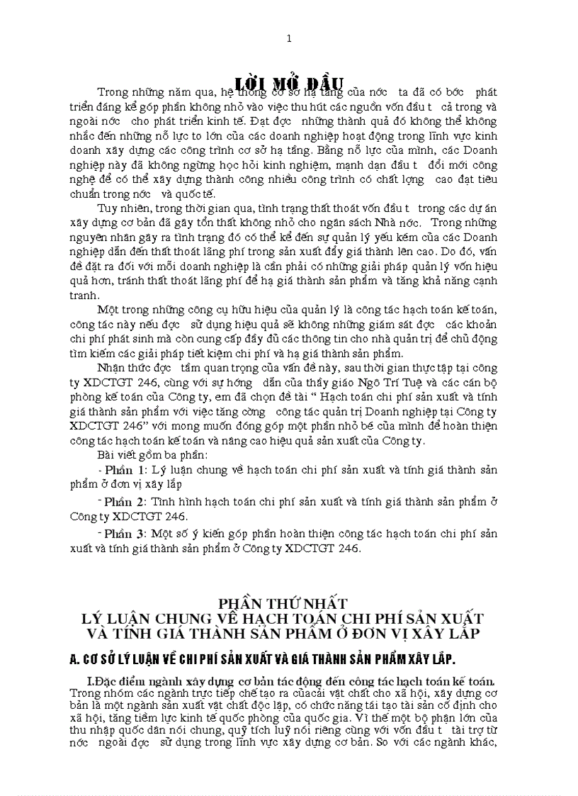 Một số ý kiến góp phần hoàn thiện công tác hạch toán chi phí sản xuất và tính giá thành sản phẩm ở Công ty XDCTGT 246