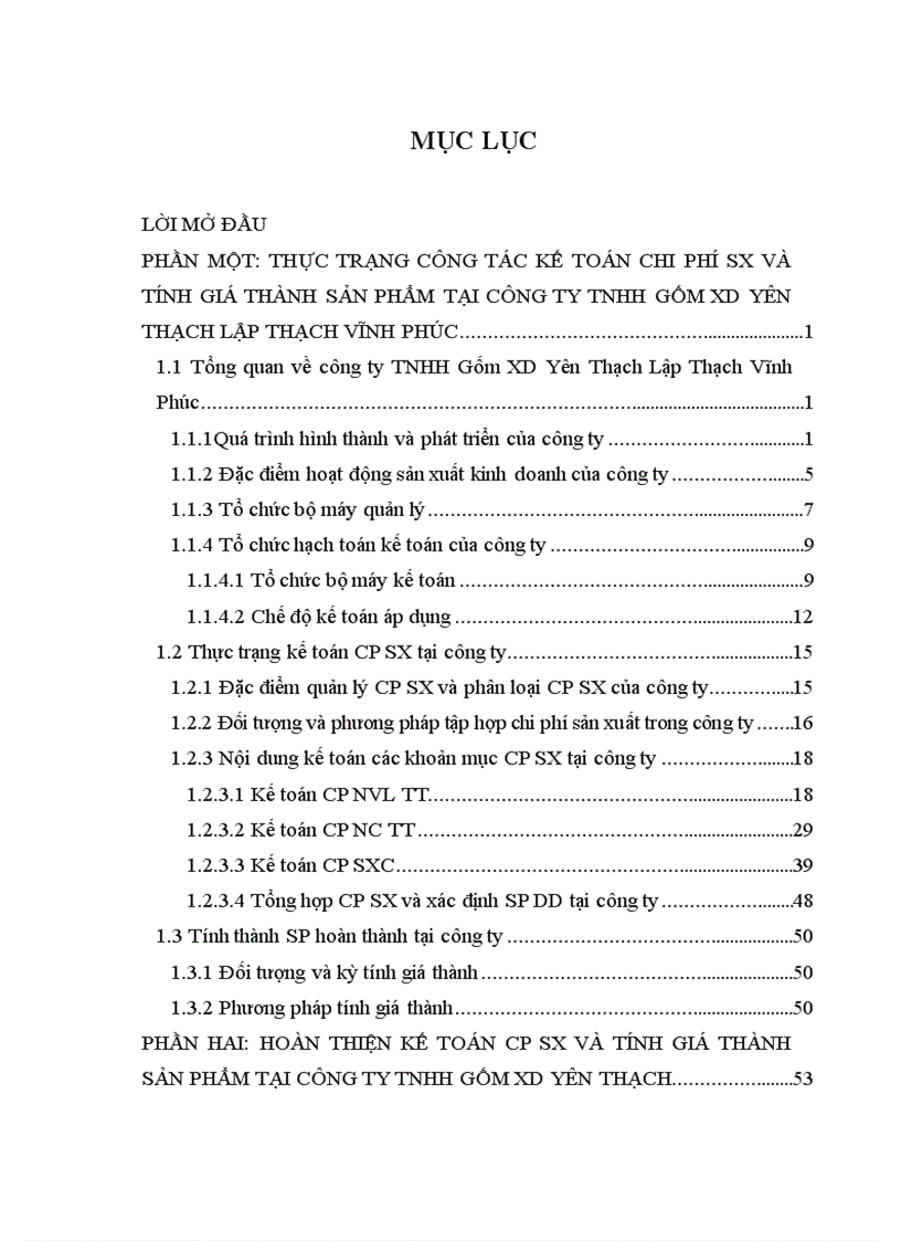 Hạch toán các khoản mục chi phí SX và tính giá thành phẩm hoàn thành tại công ty TNHH Gốm XD Yên Thạch Lập Thạch Vĩnh Phúc