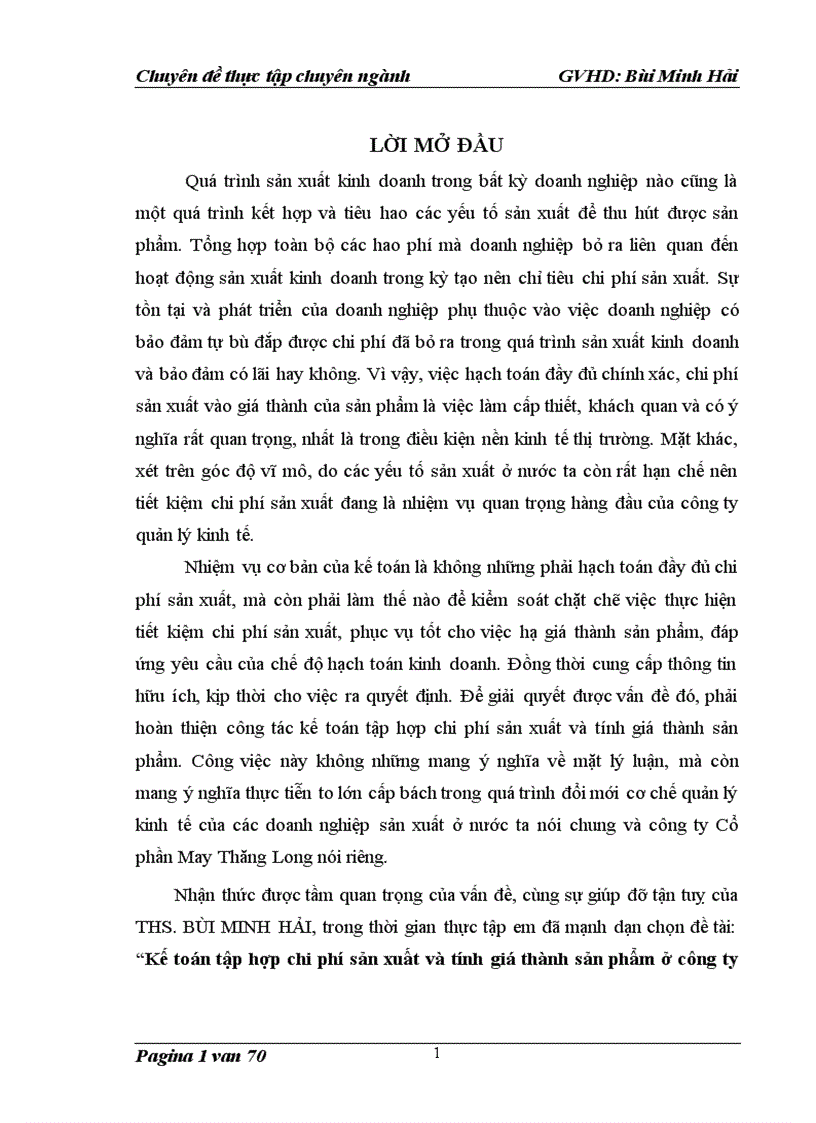 Kế toán tập hợp chi phí sản xuất và tính giá thành sản phẩm ở công ty cổ phần may Thăng Long 1