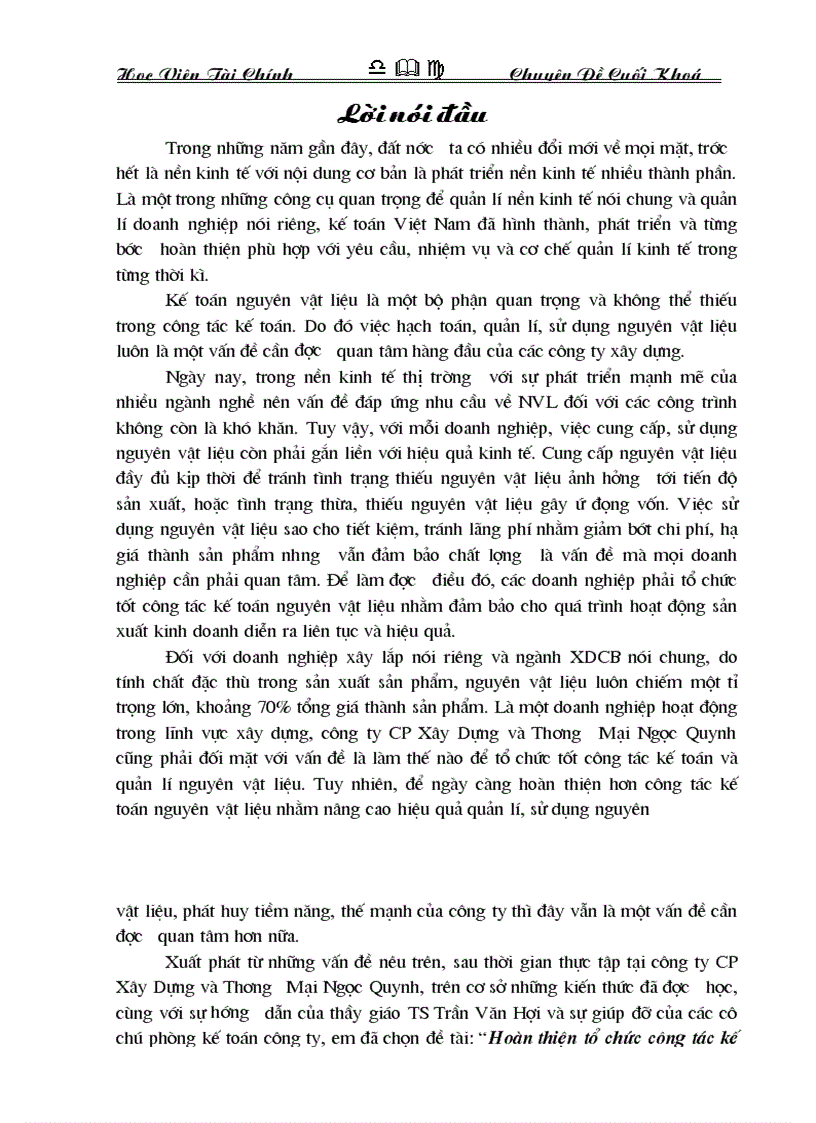 Hoàn thiện tổ chức công tác kế toán nguyên vật liệu tại công ty CP Xây Dựng và Thương Mại Ngọc Quynh 1