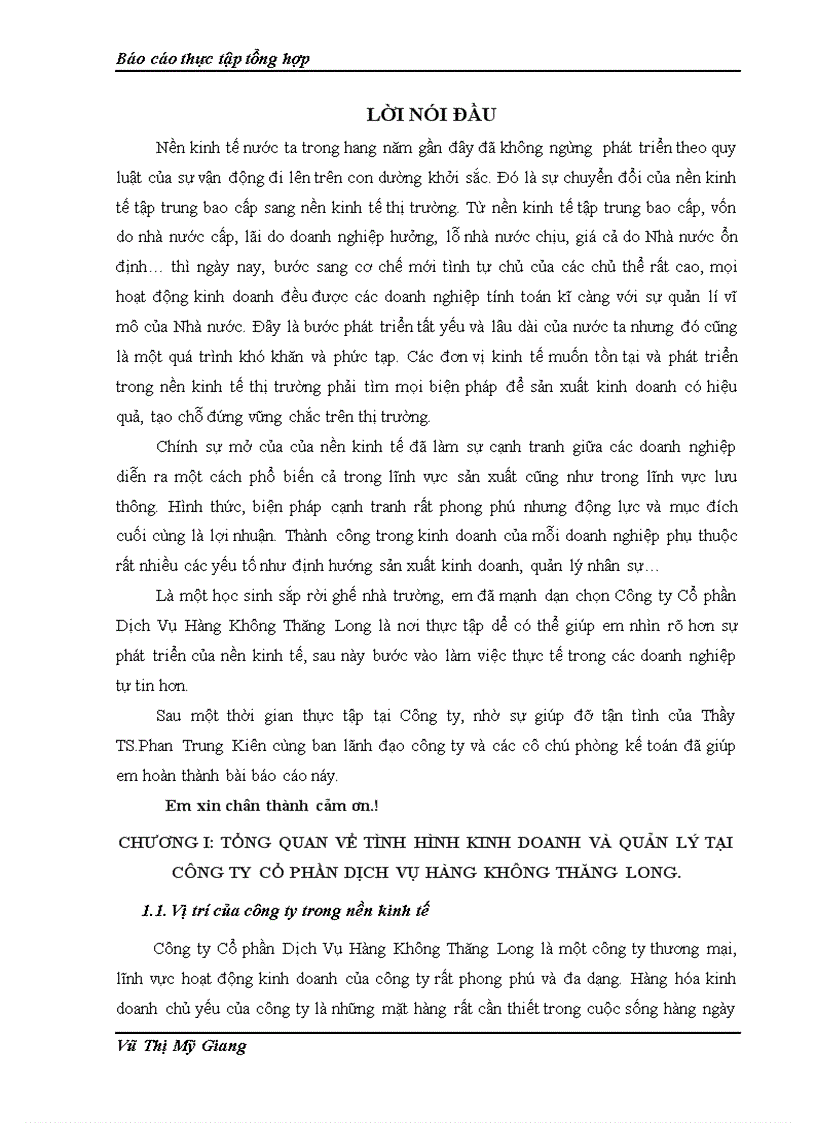 Báo cáo thực tập tổng hợp tại Công ty Cổ phần Dịch Vụ Hàng Không Thăng Long 1