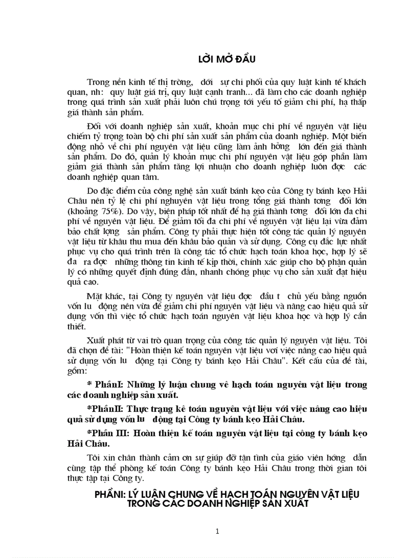 Hoàn thiện kế toán nguyên vật liệu vơí việc nâng cao hiệu quả sử dụng vốn lưu động tại Công ty bánh kẹo Hải Châu 1
