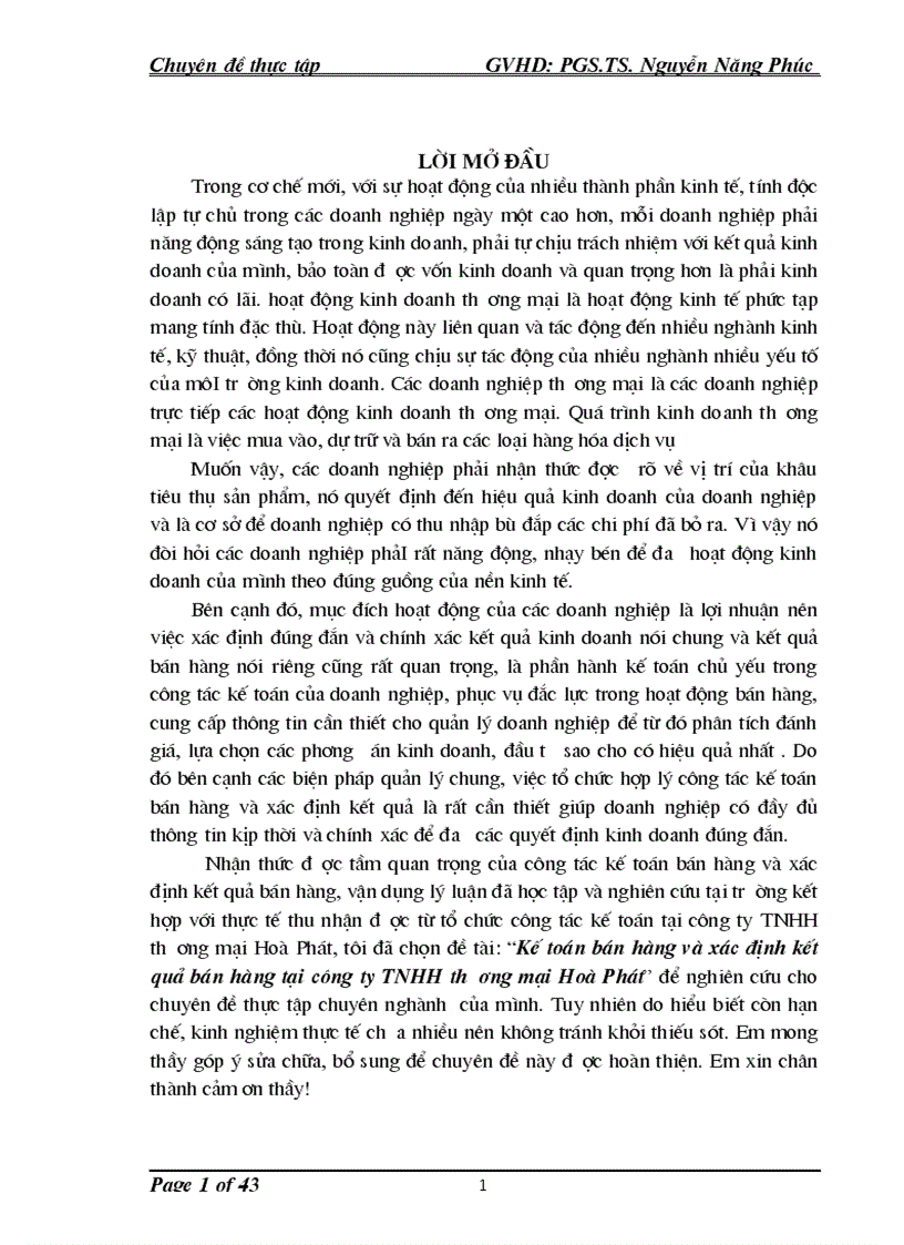 Kế toán bán hàng và xác định kết quả bán hàng tại công ty TNHH thương mại Hoà Phát 1