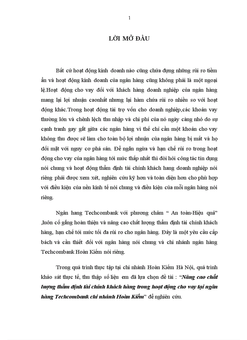 Nâng cao chất lượng thẩm định tài chính khách hàng trong hoạt động cho vay tại ngân hàng Techcombank chi nhánh Hoàn Kiếm 1