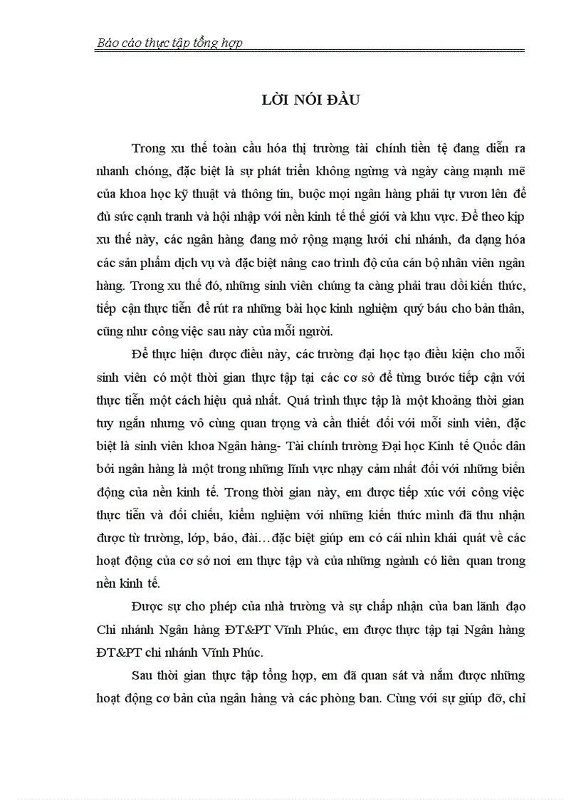 Báo cáo thực tập tại Ngân hàng ĐT PT Việt Nam và chi nhánh Vĩnh Phúc