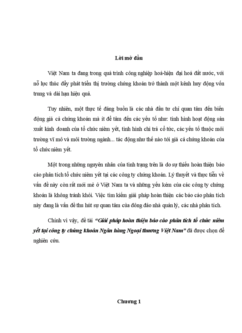 Giải pháp hoàn thiện báo cáo phân tích tổ chức niêm yết tại công ty chứng khoán Ngân hàng Ngoại thương Việt Nam 1