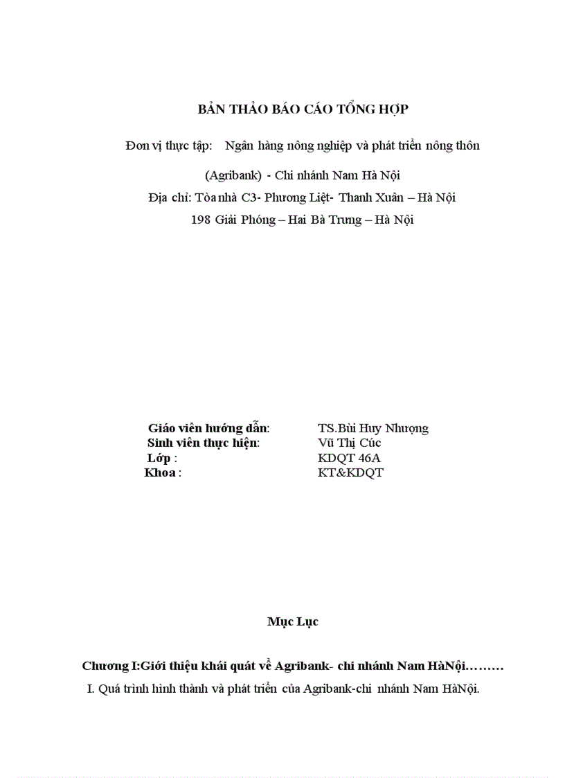 Báo cáo thực tập tại Ngân hàng nông nghiệp và phát triển nông thôn Agribank Chi nhánh Nam Hà Nội