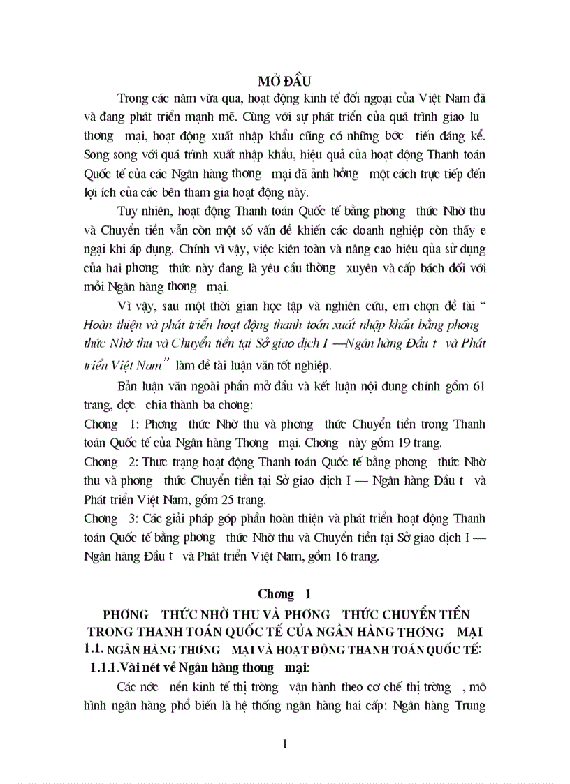 Hoàn thiện và phát triển hoạt động thanh toán xuất nhập khẩu bằng phương thức Nhờ thu và Chuyển tiền tại Sở giao dịch I Ngân hàng Đầu tư và Phát triển Việt Nam 1