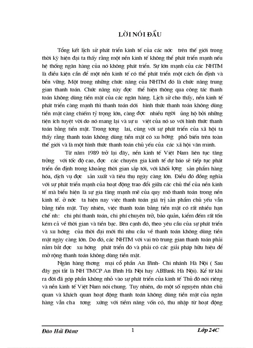 Một số Giải pháp nhằm đẩy mạnh thanh toán không dùng tiền mặt tại ngân hàng thương mại cổ phần An Bình Chi nhánh Hà Nội 1