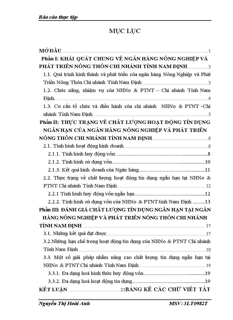 Một số ý kiến đề xuất nhằm góp phần nâng cao hiệu quả các mặt hoạt động nghiệp vụ tại chi nhánh NHNo PTNT Chi nhánh Tỉnh Nam Định