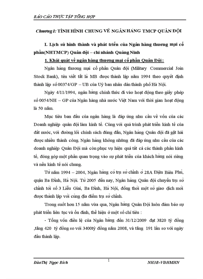 Tình hình hoạt động kinh doanh của ngân hàng tmcp quân đội chi nhánh quảng ninh 1