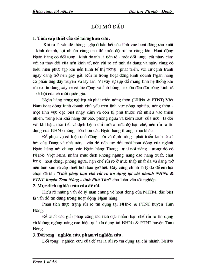Giải pháp hạn chế rủi ro tín dụng tại chi nhánh NHNo PTNT huyện Tam Nông tỉnh Phú Thọ 1