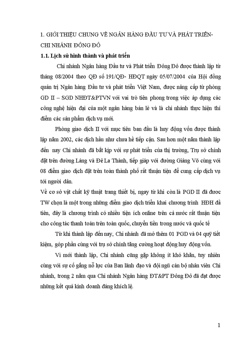 Báo cáo tổng hợp về Chi nhánh Ngân hàng Đầu tư và Phát triển Đông Đô 1
