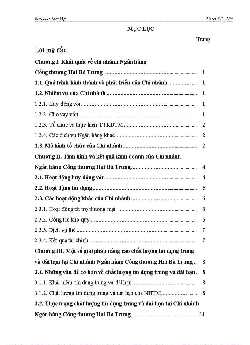 Một số giải pháp nâng cao chất lượng tín dụng trung và dài hạn tại chi nhánh Ngân hàng Công thương Hai Bà Trưng 1