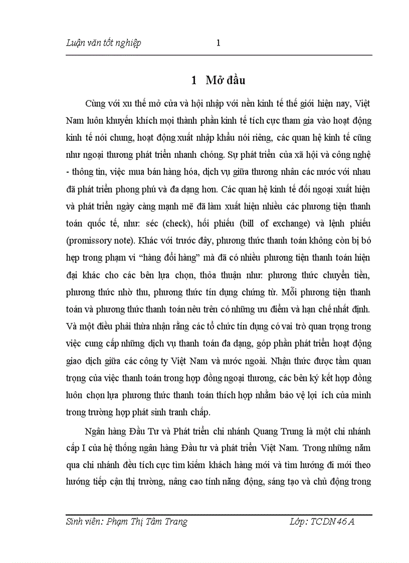 Phát triển hoạt động thanh toán quốc tế theo phương thức tín dụng chứng từ tại ngân hàng đầu tư và phát triển chi nhánh Quang Trung